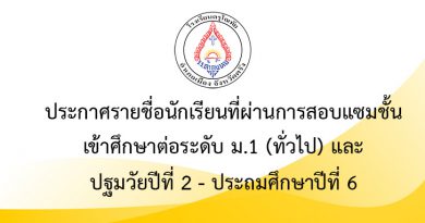 ประกาศรายชื่อนักเรียนที่ผ่านการสอบแซมชั้น เข้าศึกษาต่อ ระดับชั้นมัธยมศึกษาปีที่ 1 และ ระดับปฐมวัยปีที่ 2 – ประถมศึกษาปีที่ 6